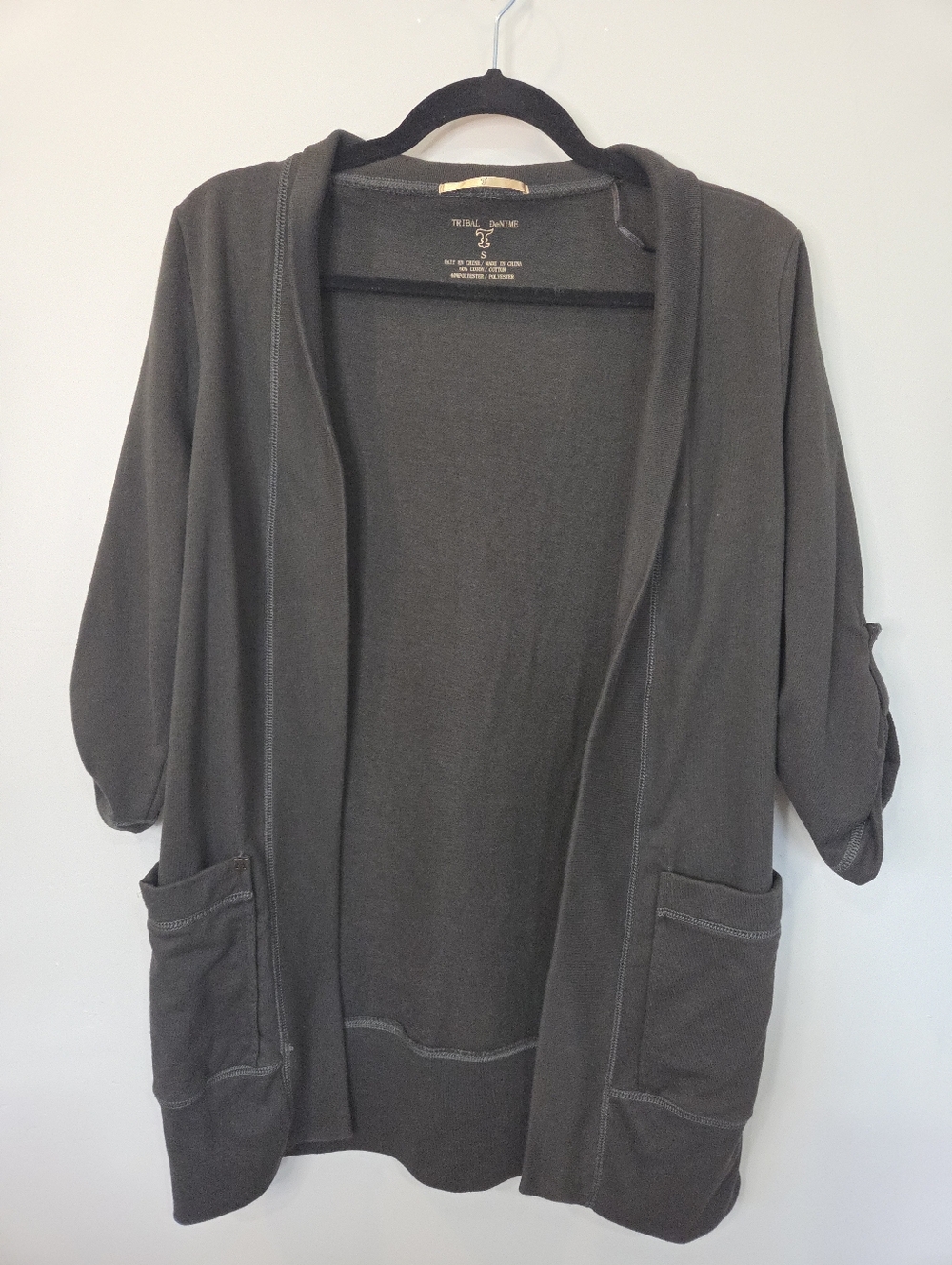 Tribal DeNIME Grey Rolltab Open Front Cardigan Sweater Size Small